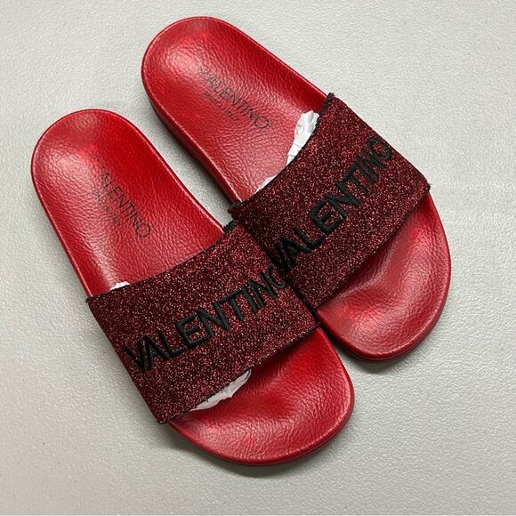 Valentino Red Slides Sparkle Metallic Logo Name Top Sandals Made in Italy Sz 37 - Picture 1 of 7